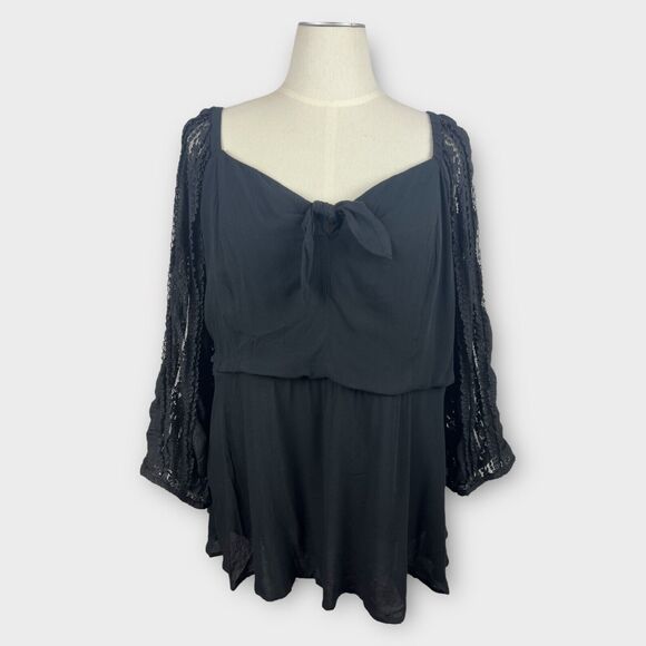 Torrid NWT Black Crochet Sleeve Sweetheart Neck Rayon Peplum Smocked Blouse 4X - Picture 4 of 11